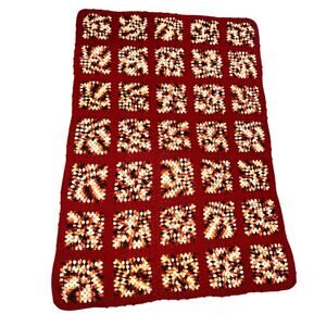 Vintage 70s Handmade Granny Square Blanket Red Black Orange White 68" x 49"